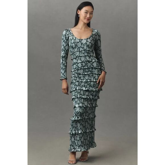 NWT V. Chapman Lanie Ruched Ruffled Satin Wedding Maxi Dress Sz 4 EMERALD #8G502 - Picture 1 of 10
